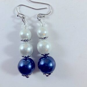Hand Crafted Earrings Pearl Crystal Blue White Pierced Antique Silver Dangle